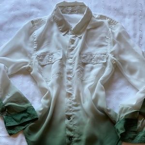 White and Green Button Up Long Sleeve Blouse